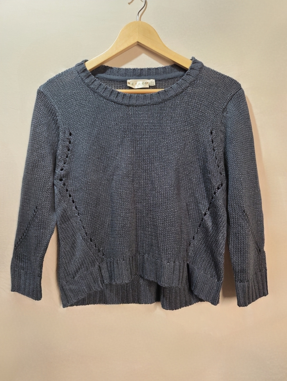 Deep Heathered Blue Open Knit Cropped High Low Sweater NWOT